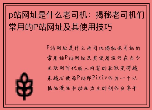 p站网址是什么老司机：揭秘老司机们常用的P站网址及其使用技巧